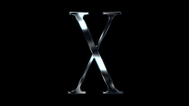 Silver metallic Capital letter "X". Alpha channel. Serif font. Seamless loop video.