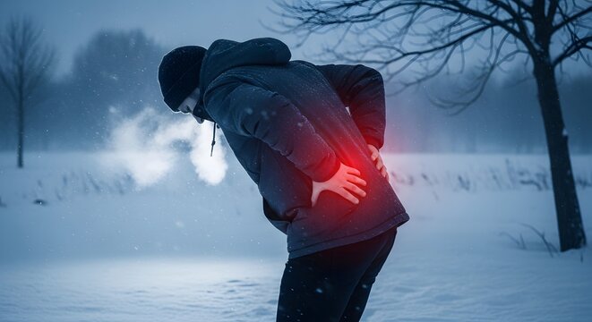Person Bending in Pain While Walking Through Snowy Landscape Highlighting Severe Lower Back Strain in Cold Weather