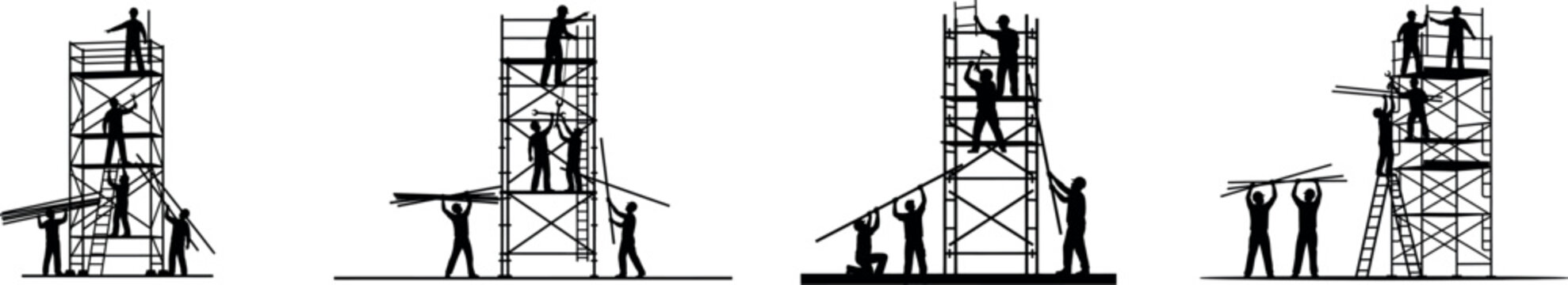 Silhouette workers constructing wooden tower structure with scaffolding teamwork manual labor carpentry engineering building framework height project