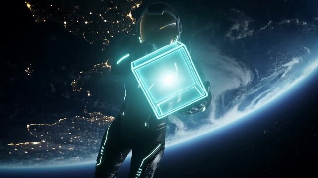 Tracking zoom shot of astronaut holding glowing cube while floating above earth in orbit with illuminated city lights and planet horizon