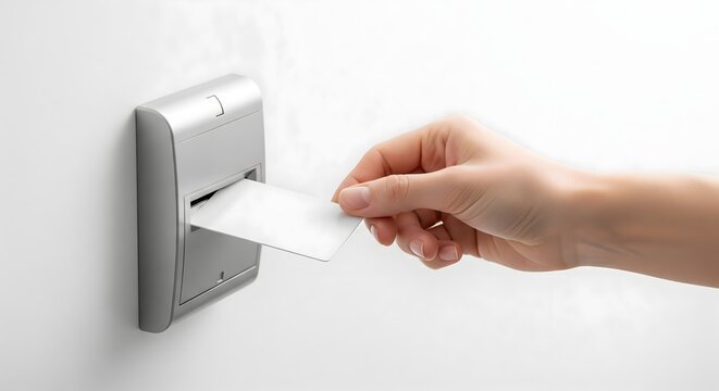 A person's hand inserts a blank white access card into a modern electronic security reader on a clean white wall, symbolizing entry and controlled access.