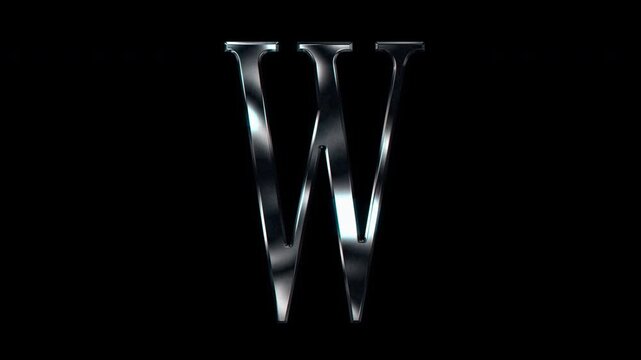 Silver metallic Capital letter "W". Alpha channel. Serif font. Seamless loop video.