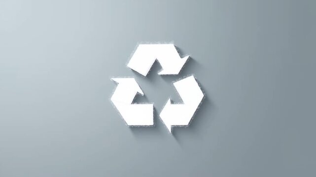 Slow motion reveal of recycling symbol forming from particles into paper icon on muted gray background
