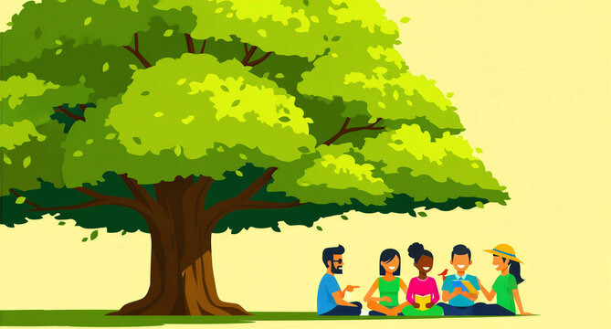 Diverse group of people sitting together and reading books under a large green tree. Friends enjoying an outdoor study session in a park. Education and community concept for literacy campaigns.