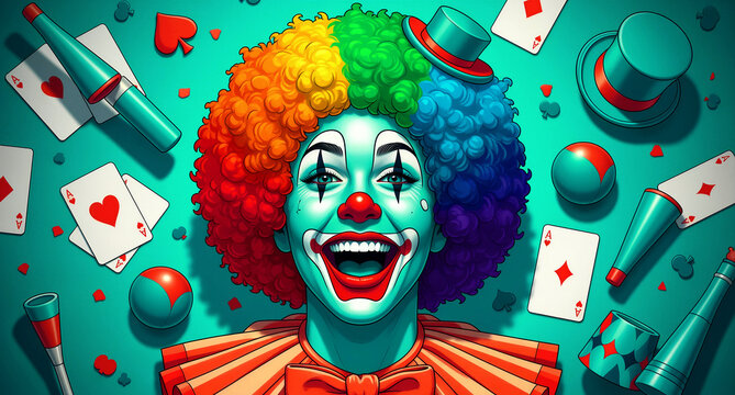 Smiling clown with rainbow hair surrounded by circus props and playing cards. Brightly colored performer with theatrical makeup. Entertainment concept for party invitations and event flyers.