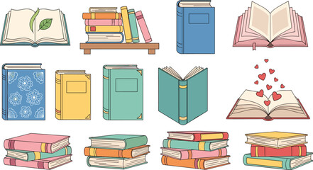 Cute book collection hand drawn reading and literature icons vector illustration for education library study and learning design