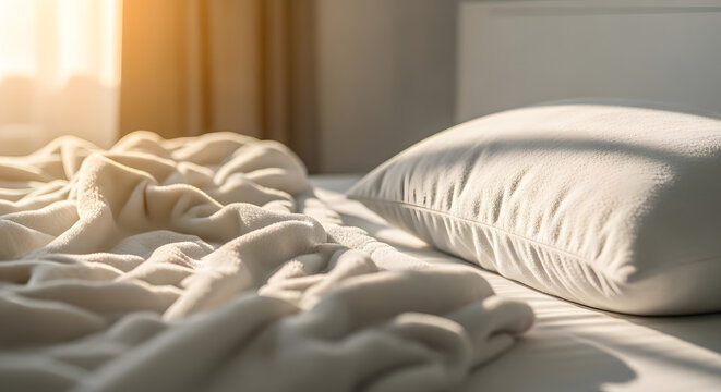 Cozy unmade bed with a soft white pillow and rumpled sheets, gently illuminated by warm morning sunlight, suggesting comfort and relaxation