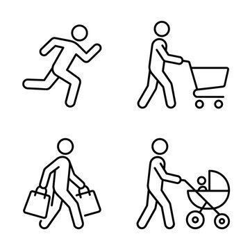 Minimalist line art stick figure icon set: running, shopping, and pushing a baby stroller.