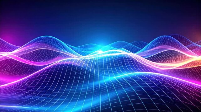 Abstract, neon-lit digital landscape with gridlines and flowing waveforms
