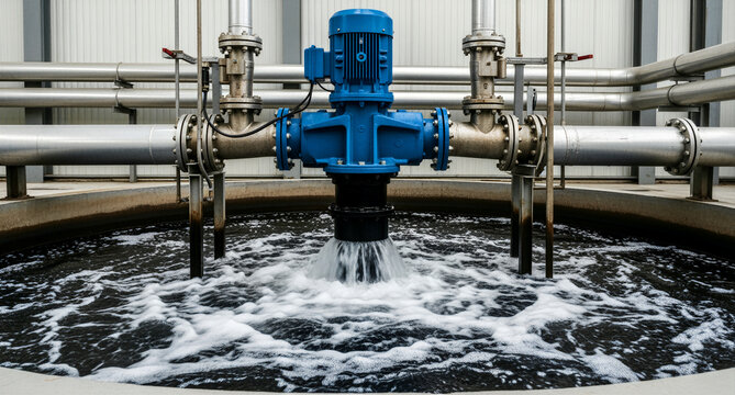 Industrial pump motor aerating water in a circular treatment tank. Steel pipelines connected to a purification system. Water management concept for industrial and environmental infrastructure.