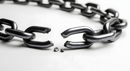 Fototapeta premium Broken chain symbol of freedom weakness or disconnection on white background