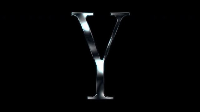 Silver metallic Capital letter "Y". Alpha channel. Serif font. Seamless loop video.