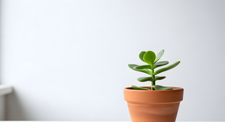 Obraz premium Small succulent plant in a terracotta pot against a bright blurred background