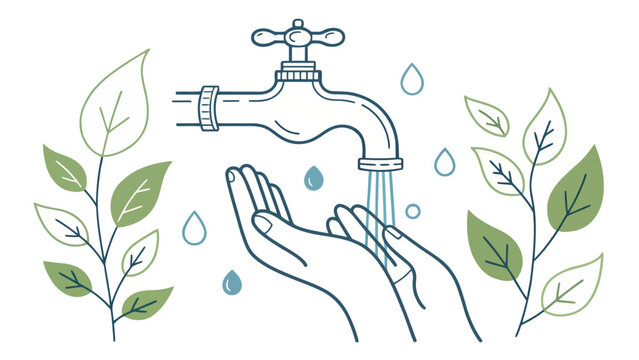 Hands under a faucet with water and green leaves around