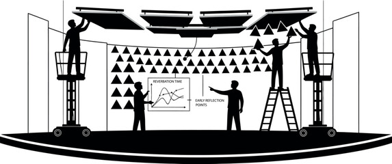 Silhouette workers installing stage lights on theater rigging with ladders and platforms for event production crew setting up equipment  © Mubeen