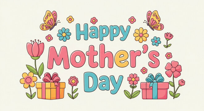 Happy Mothers Day text with gifts and flowers cute illustration for greeting card or celebration isolated on light bac