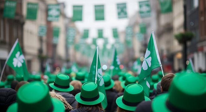 St patrick's day parade celebrations with shamrock flags and green hats