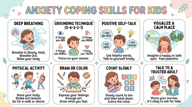 Anxiety Coping Skills for Kids Infographic, Emotional Regulation Tools Chart, Calming Strategies Worksheet for Children, Mental Health and Mindfulness Visual Guide for Kids