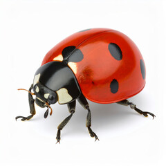 Fototapeta premium Ladybug isolated on white background, close-up macro view of red spotted beetle with glossy shell and black legs