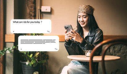 Enjoy young asian woman gen z using smartphone assistance ai chatbot browsing information on social...