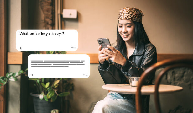 Enjoy young asian woman gen z using smartphone assistance ai chatbot browsing information on social media review travel and shopping