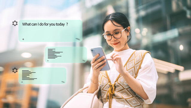 Young asian woman gen z using smartphone assistance ai chatbot browsing information on social media review shopping destination