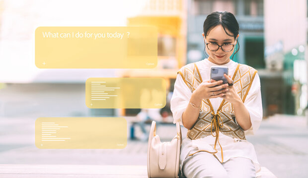 Young asian woman gen z using smartphone assistance ai chatbot browsing information on social media review shopping destination