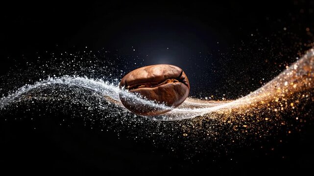 Close-up of a coffee bean amidst sparkling white and golden waves
