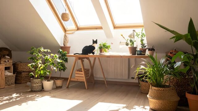Bright attic room with cat, plants, wooden table, and skylight windows