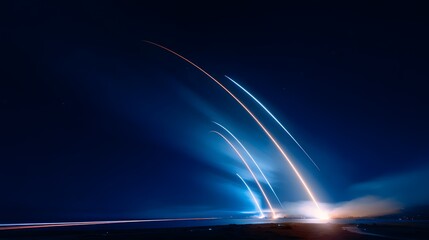 Fototapeta premium Night launch illuminates indigo sky showcasing powerful ascent and futuristic innovation's breathtaking beauty