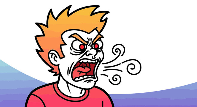 Angry Man Yelling, Red Eyes, Blowing Air, Frustration, Rage, Aggression, Cartoon Style