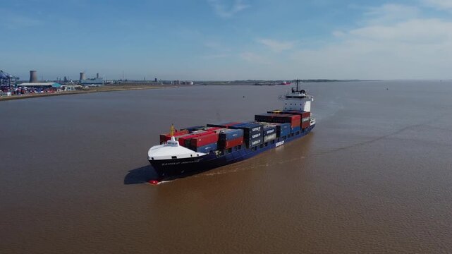 Drone. Shipping container, moving cargo to Hull Docks. 