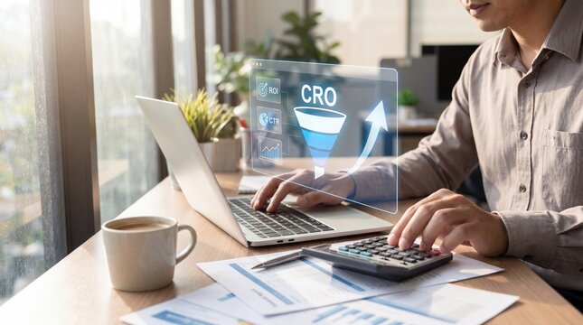 Dedicated professional optimizing conversion rate with digital tools and financial analysis in a modern business office setting