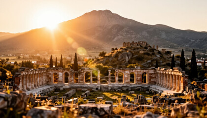 Fototapeta premium A historic amphitheater sits beneath a setting sun. The amphitheater features tall columns and distant mountains, complementing the serene landscape.