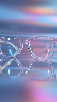 Transparent Clear Eyeglasses Frames Iridescent Holographic Background Aesthetic Product Display with Smooth Reflection for Fashion Optician Marketing