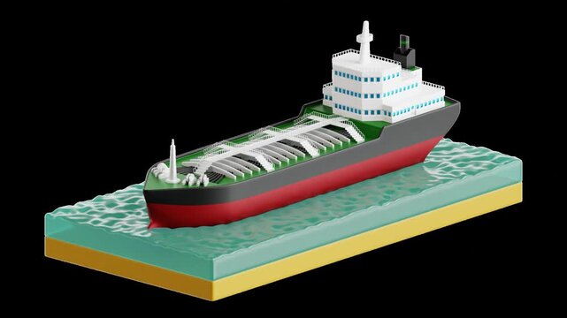 3D animation loop of Oil Tanker ship sailing across ocean carrying crude oil, cinematic waves, global trade concept, energy distribution with realistic reflections and smooth animation loop.