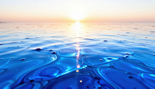 The calm water reflects the vibrant colors of the sunset. The blue water glistens under the warm light of the setting sun.