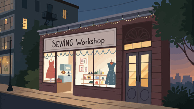 Illustration of a sewing workshop storefront at dusk with dresses on display