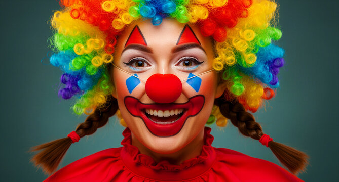 Happy woman in colorful clown makeup and rainbow wig smiling at camera. Portrait featuring a red foam nose and braided hair. Circus performance concept, perfect for party and entertainment marketing.
