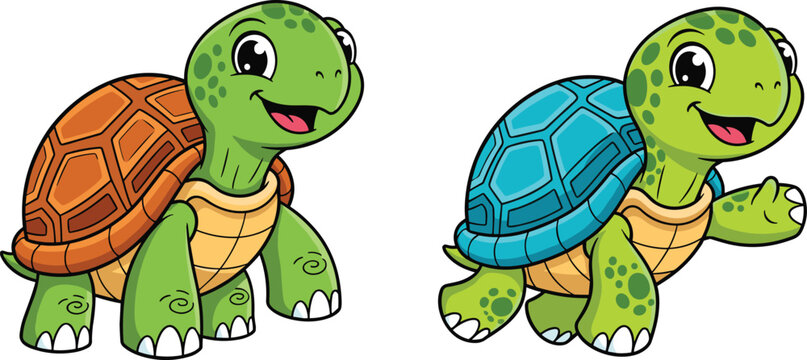 Cute cartoon turtles set smiling tortoise characters vector illustration adorable reptile animals for kids design and children themes