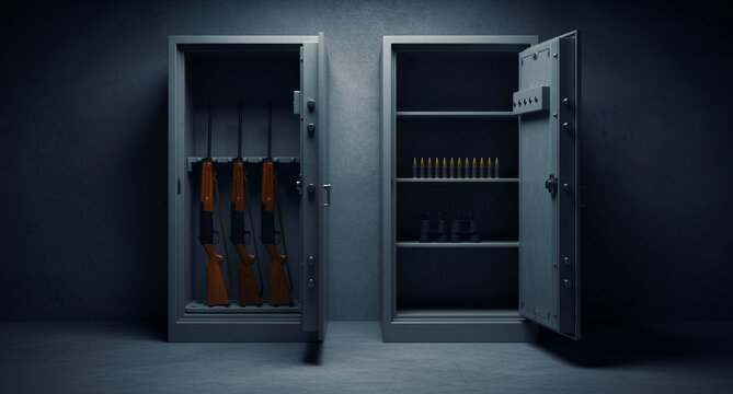 Open metal gun safes standing against a concrete wall. Rifles, ammunition, and binoculars are stored securely inside. Gun safety and storage concept, ideal for hunting and security marketing.