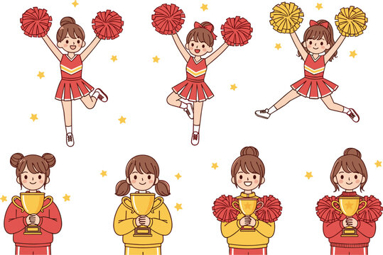 Cute cheerleader girls with pom poms and trophy cartoon vector illustration school sports spirit team celebration and achievement design