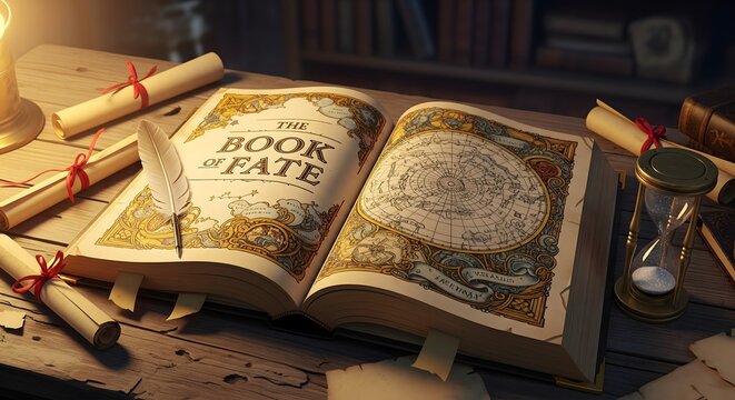 An ancient, illuminated 'Book of Fate' rests open on a rustic wooden desk, surrounded by rolled scrolls, an hourglass, and a quill pen, evoking a sense of mystery and destiny.
