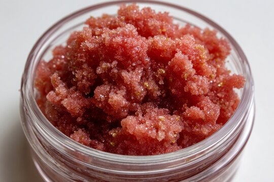 Top-down close-up of vibrant pink sugar scrub in clear jar. Shimmering, chunky texture catches light. Clean white background emphasizes color. Ideal for spa, beauty, or self-care product marketing