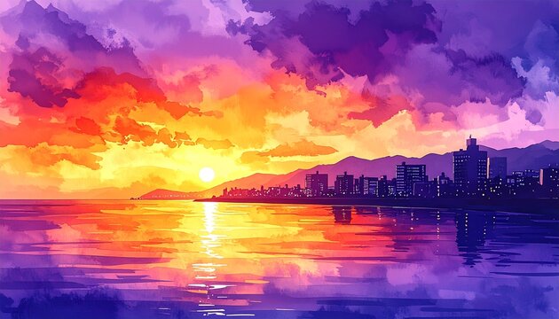 海岸街並み夕焼け水彩風景3