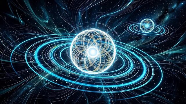 Abstract space spheres with glowing rings ideal for sleek commercial backgrounds and title sequences