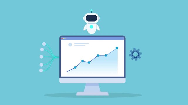Animation of AI analytics dashboard with rising chart on monitor and settings gear icon, representing system configuration, data processing, and performance insights in a clean modern interface.
