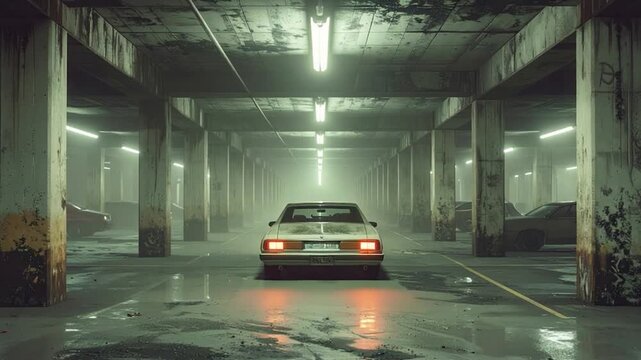 A vintage car sits in a damp, dimly lit parking garage with columns