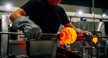 Fototapeta premium Skilled artisan shaping glowing molten glass on a blowpipe. Professional craftsman working in a hot glassblowing studio. Artistic handmade glass production concept, ideal for workshop marketing.