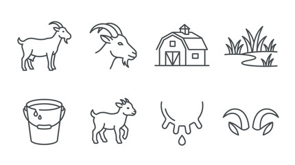 Farm Animal Icons: Goat, Barn, Milk Bucket, Udder, Grass, Horns - Line Art © miftah
